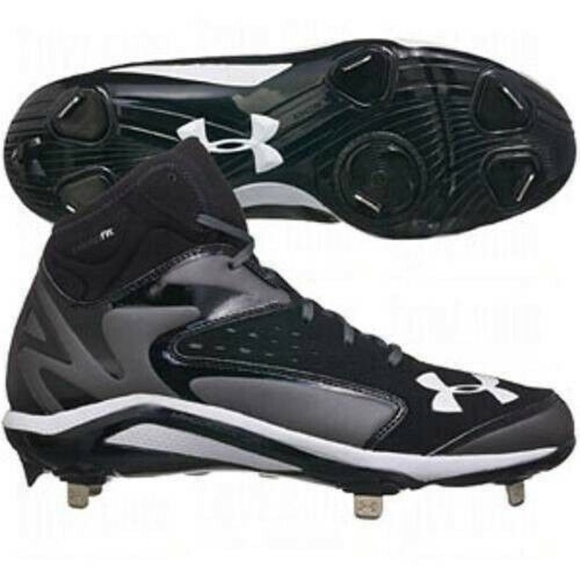 Mens Baseball Cleats Under Armour 13.5 Black Gray Yard Mid Metal Molded Shoes - Picture 1 of 6